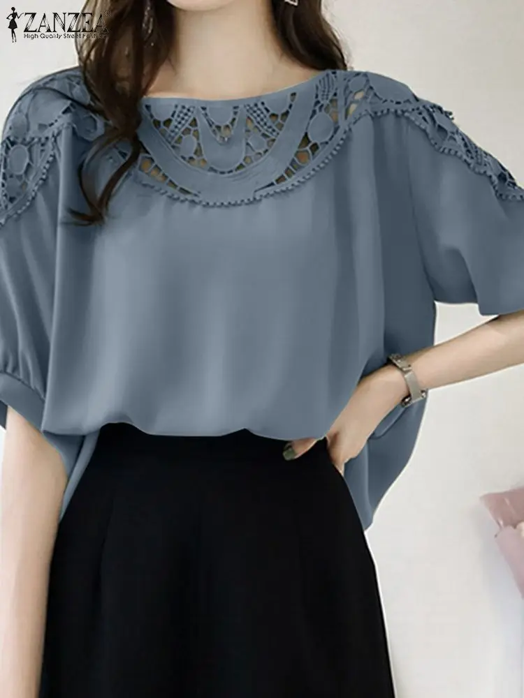 

Women Summer Blouses ZANZEA 2022 Fashion Lace Patchwork Tops Casual Short Sleeve Work Blusas Female O Neck Hollow Tunic Chemise