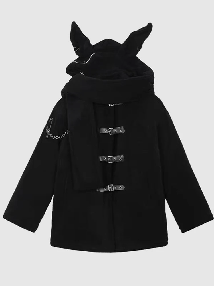 

Dark Street Style New Rabbit Ear Plush Coat Retro Black Function Funny Top Female 2022 Spring New Fairy Grunge Clothes for Women