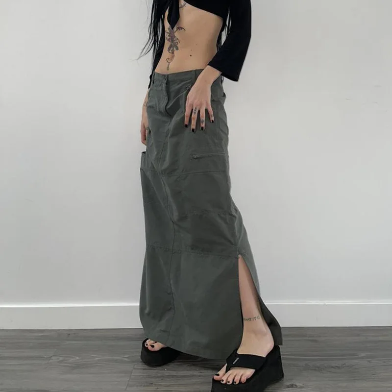 

2022 Fashion Slit Cargo Long Skirts Y2K Low Waist Maxi Skirt Women'S Ankle-Length Skirt 2000s Retro Outfit