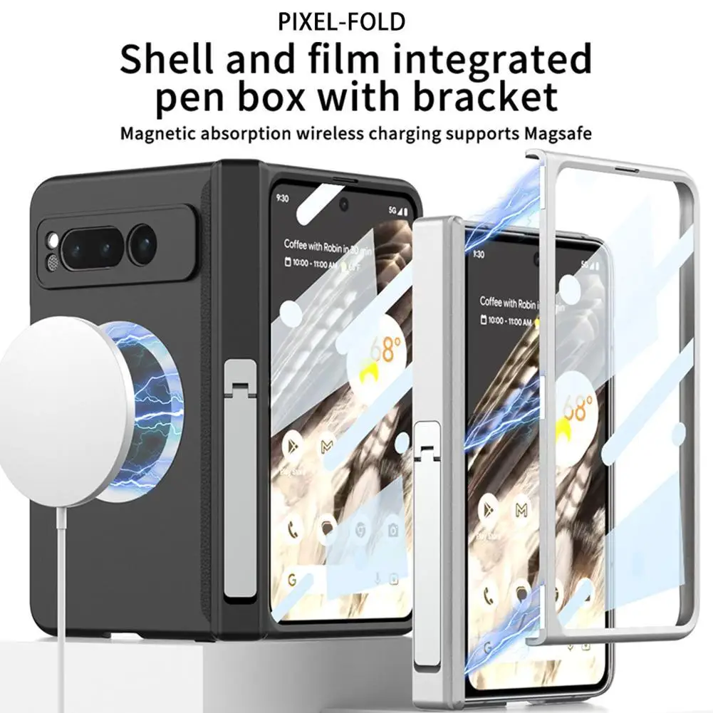 

for MAGSAFE Google Pixel Fold Case Wireless Charging Magnetic Hinge Kickstand With Tempered Film Matte Hard Shockproof Back Case