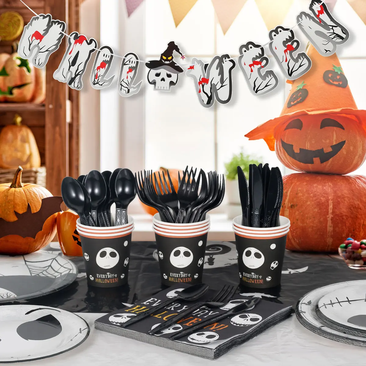 

102Pcs Halloween Party Supplies Disposable Tableware Set Paper Plate Cup Safe Durable Dinnerware Halloween Theme Party Decor