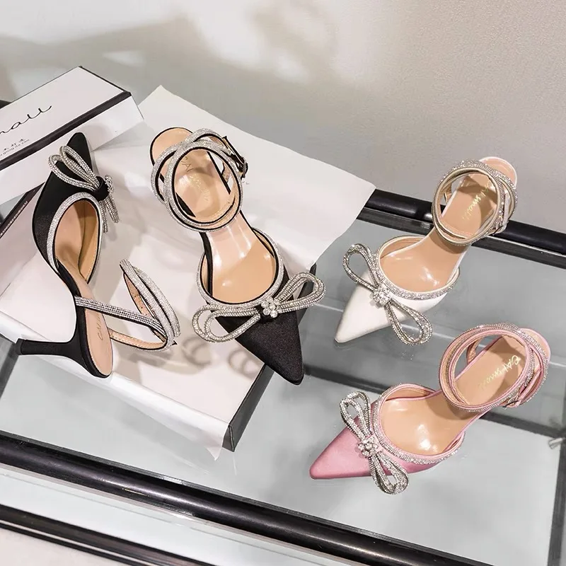 2022 European and American new women's high heels bow decorative shoes 41-43 yards leather lining