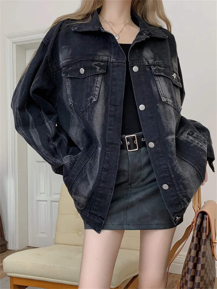 

Retro Tie Dyed Black Denim Jackets Women Long Sleeved Early Autumn New Loose Punk Coat Cool Street Style Oversize Female Coat