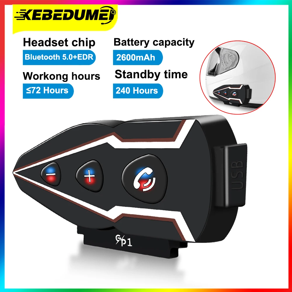 

Гарнитура для мотоциклетного шлема Kebidumei, Bluetooth 5,0, 2600 мАч, с большим аккумулятором, Беспроводные стереонаушники с защитой от помех