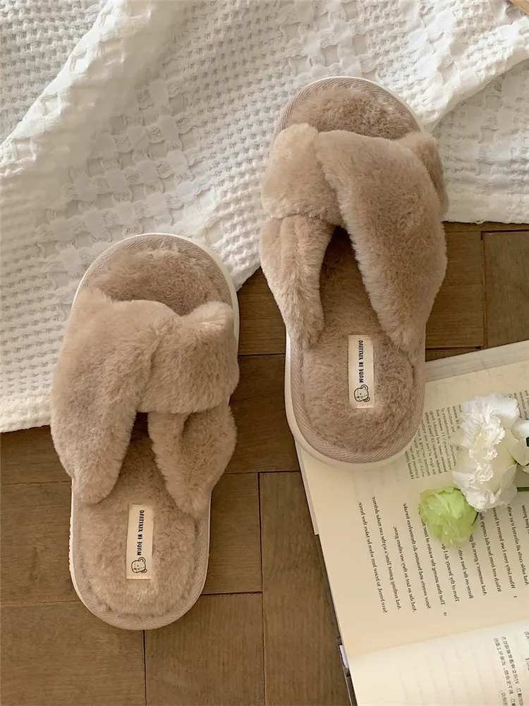 2022 Winter Plush Slippers Female Autumn And Winter Fairy Style Korean INS Home Anti-skid Plush Cross Cotton Home Slippers