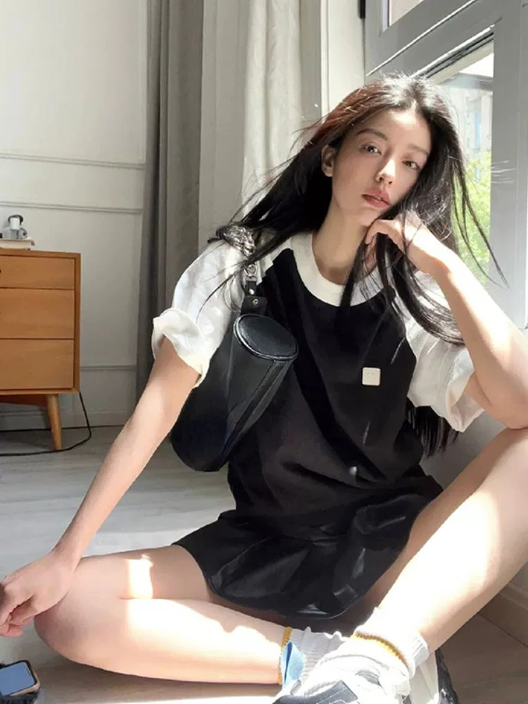 

Женская футболка с коротким рукавом, винтажная Свободная Повседневная футболка контрастных цветов в стиле Харадзюку, 2023