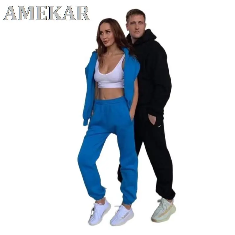 

Solid Fleece Hooded Sweatshirts Hoodies Track Pants Joggers Women Children clothes Tracksuits Thick Two Piece Sets Autumn Winter