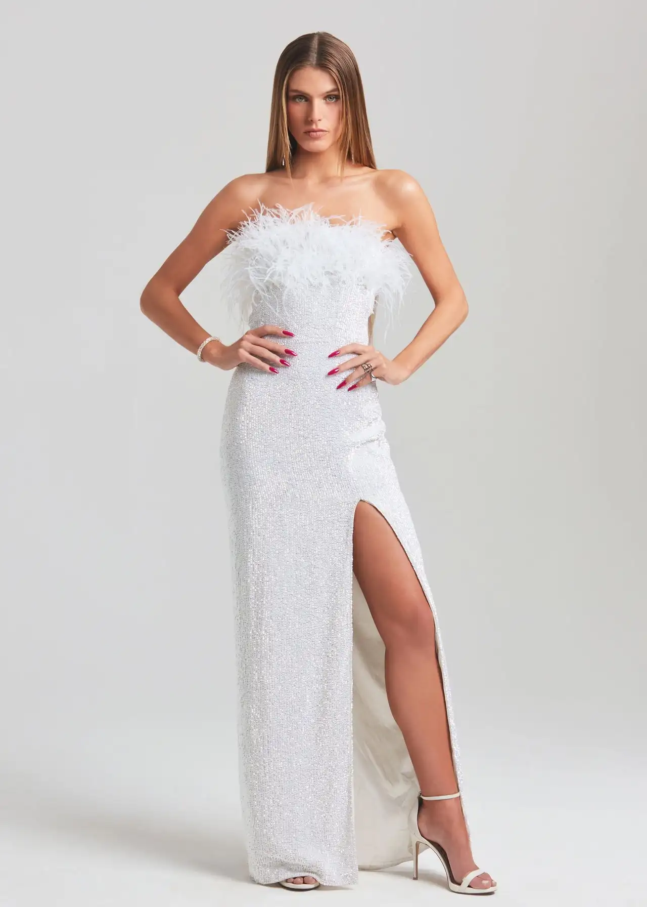 White Shinning Sequines Women Off the Shoulder Sexy Feathers High Split Bodycon Long Dress Elegant Evening Party Celebrate Dress
