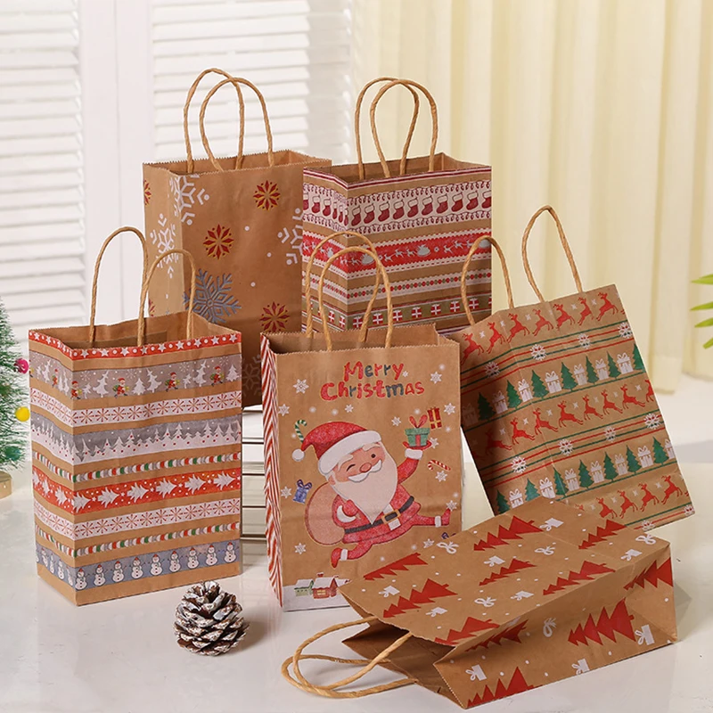 

6Pcs Christmas Gift Packaging Bags Snowflake Santa Claus Candy Cookies Kraft Paper Bag Xmas Thanksgiving Party Favors New Year