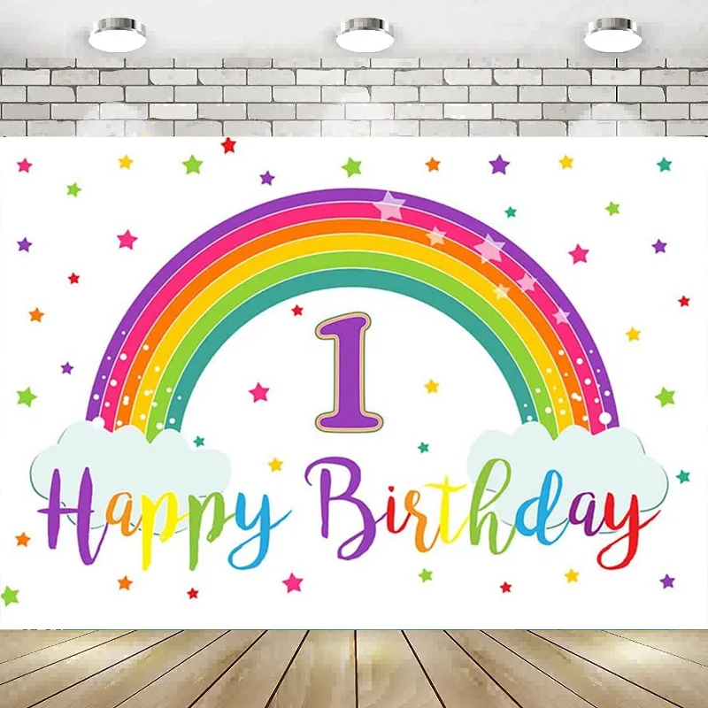 

Kids 1st Birthday Photography Backdrop Colorful Rainbow Party Background Girls White Cloud Stars Decor Banner