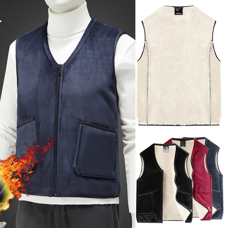 

Autumn Winter Men's Velvet Vest Solid Color Fleece Waistcoat Jacket Male Thick Warm Super Soft Fashion Sleeveless Coat Clothing