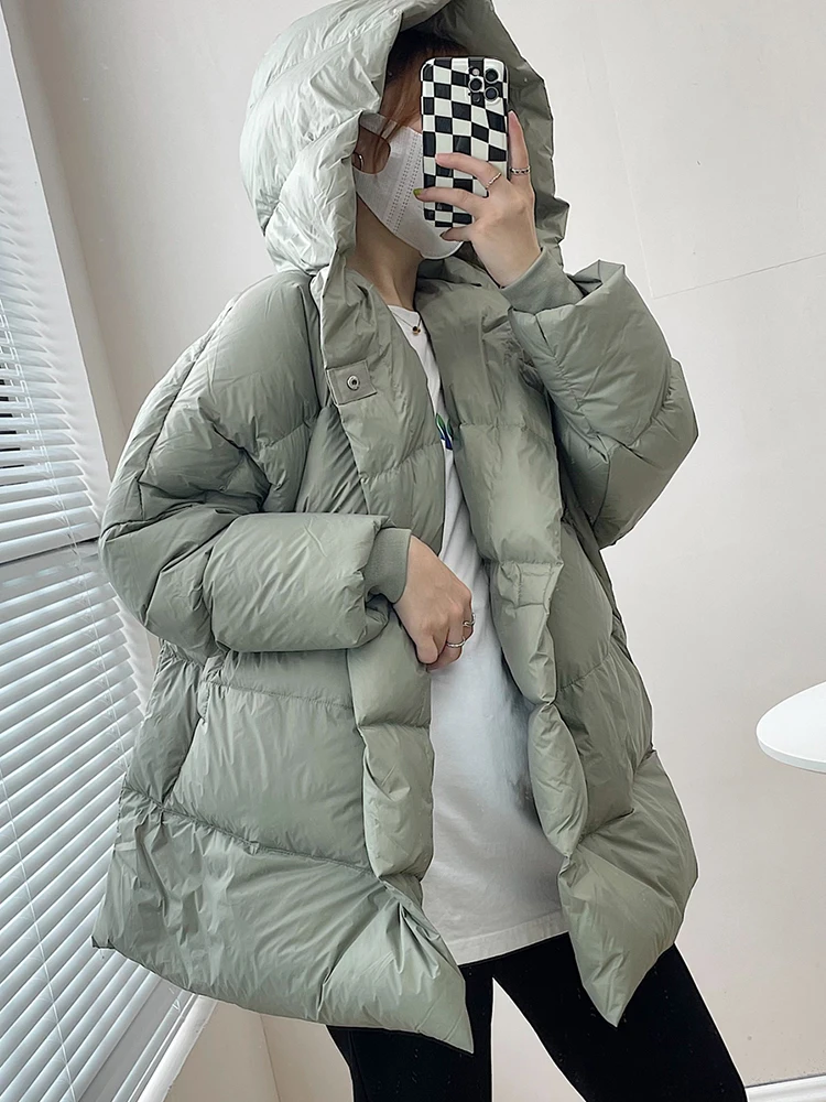 New Winter Hooded Coat Women 90% White Duck Down Jacket Casual Loose Solid Button Parker Female Light Down Outwear