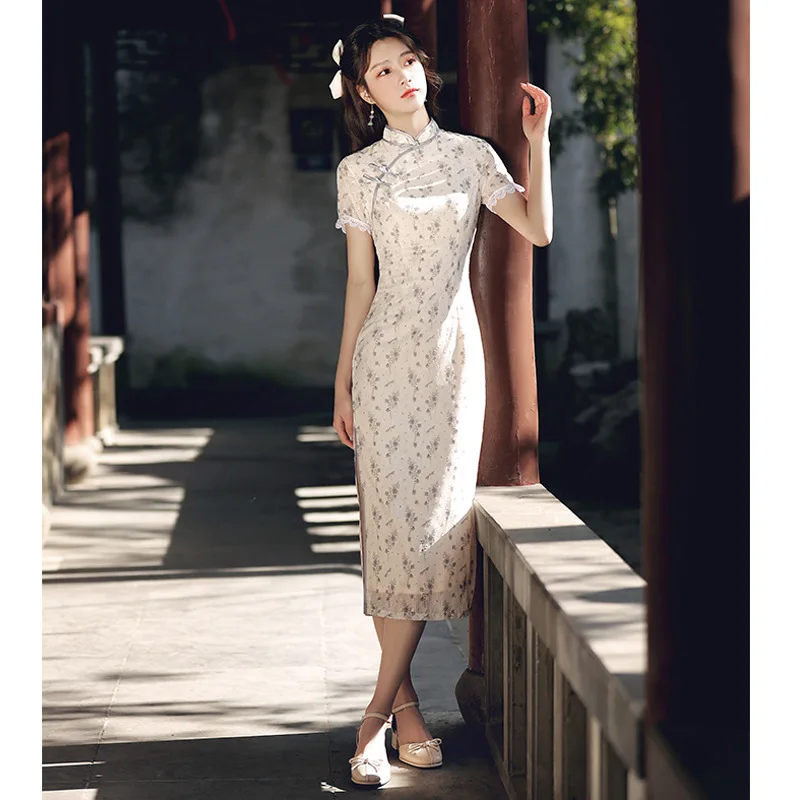 Floral Cheongsam Lace Young Girl Summer Daily Mid Long French Style Chiffon Dress Women Vintage Qipao