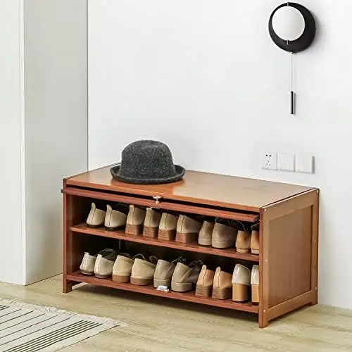 

Tier Shoe Cabinet, Bamboo Free Standing Shoe Shelf Storage with Flip Doors for 27-32 Pairs Home Entryway Hallway Office Bedroom