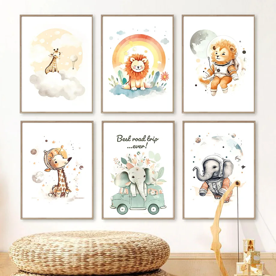 

Lion Elephant Giraffe Space Astronaut Rainbow Canvas Painting Nursery Wall Art Posters And Print Baby Kids Room Home Decoration