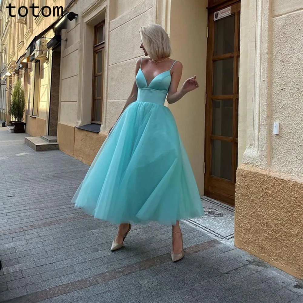 

Sexy V Neck Evening Dress Tulle A-Line Skirt Spaghetti Straps Draped Back Saudi Arabian Party Dress