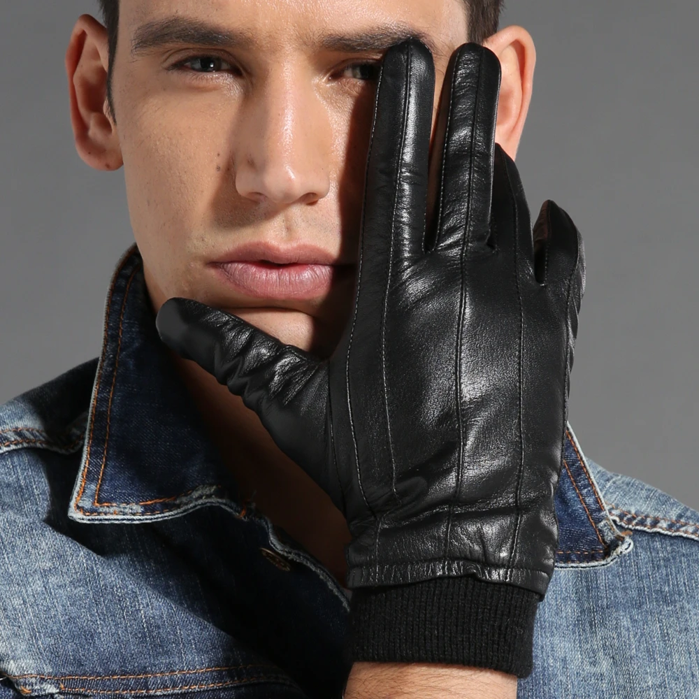 GOURS Winter Real Leather Gloves Men Black Genuine Goatskin Gloves Fleece Lining Warm Soft Driving Fashion New Arrival GSM024