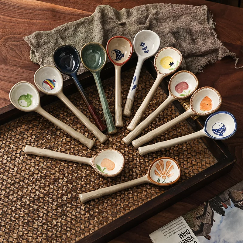 

Керамическая ложка из глины, маленькая столовая ложка с длинной ручкой, милый оригинальный рисовый десерт