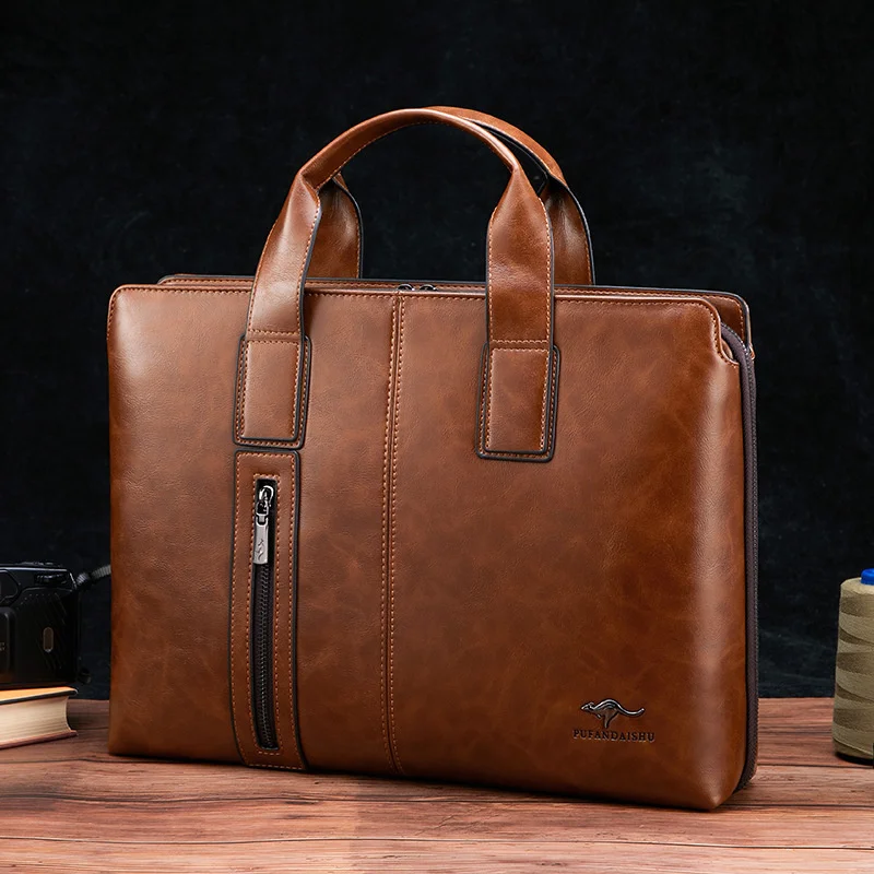 

Kangaroo Men's Handbag Business Briefcase Horizontal Soft Leather Computer Bag Casual One Shoulder Crossbody Fashion