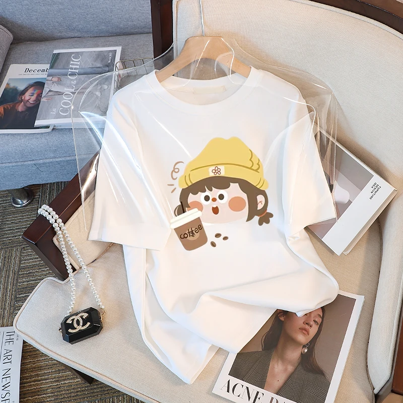 Футболка женская хлопковая свободного покроя с коротким рукавом и принтом