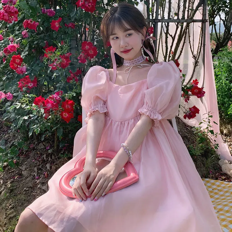 

2022 Kawaii Mini Dress Summer Puff Sleeve Korean Casual Party Dresses Pink Sweet Cute Princess Lolita Sundress Beach Boho