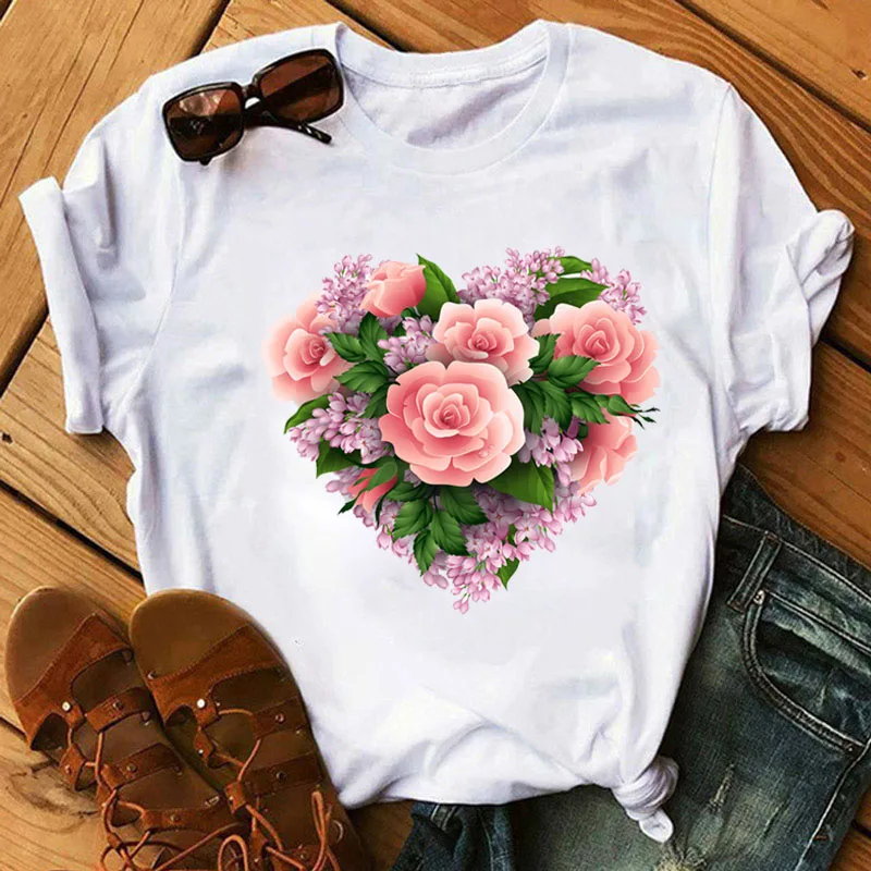 

Flower T Shirt Women Fashion Black T Shirt Love Heart Flower Print T-shirt Top Female Summer Casual Tops Cute Graphic Tees Shirt