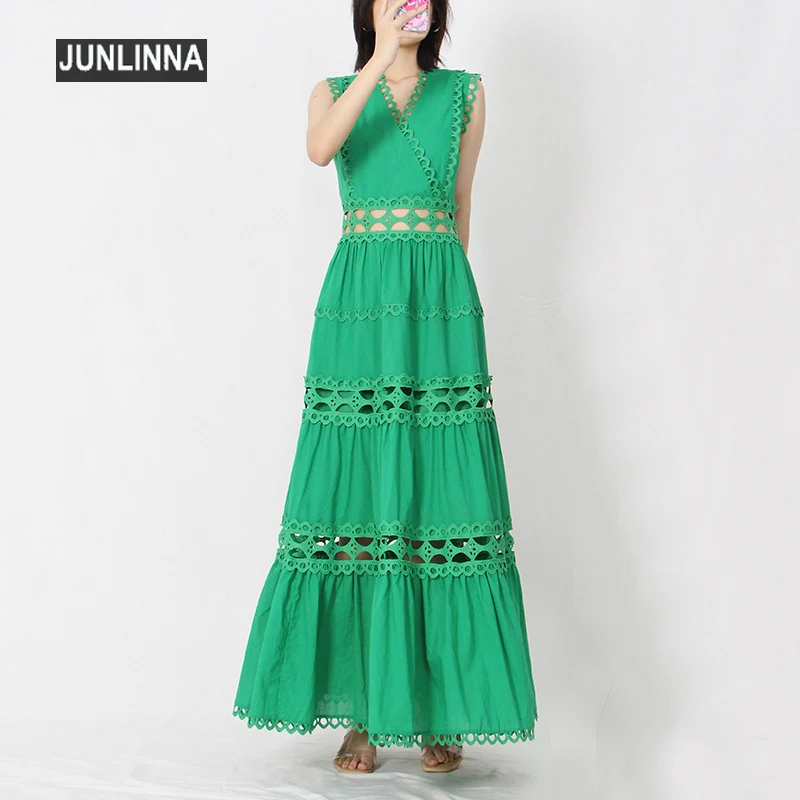 

JUNLINNA Designer Runway Women Dresses 2022 Summer Pure Colour V Neck Sleeveless Patchwork Hollow Out Party Holiday Vestidos