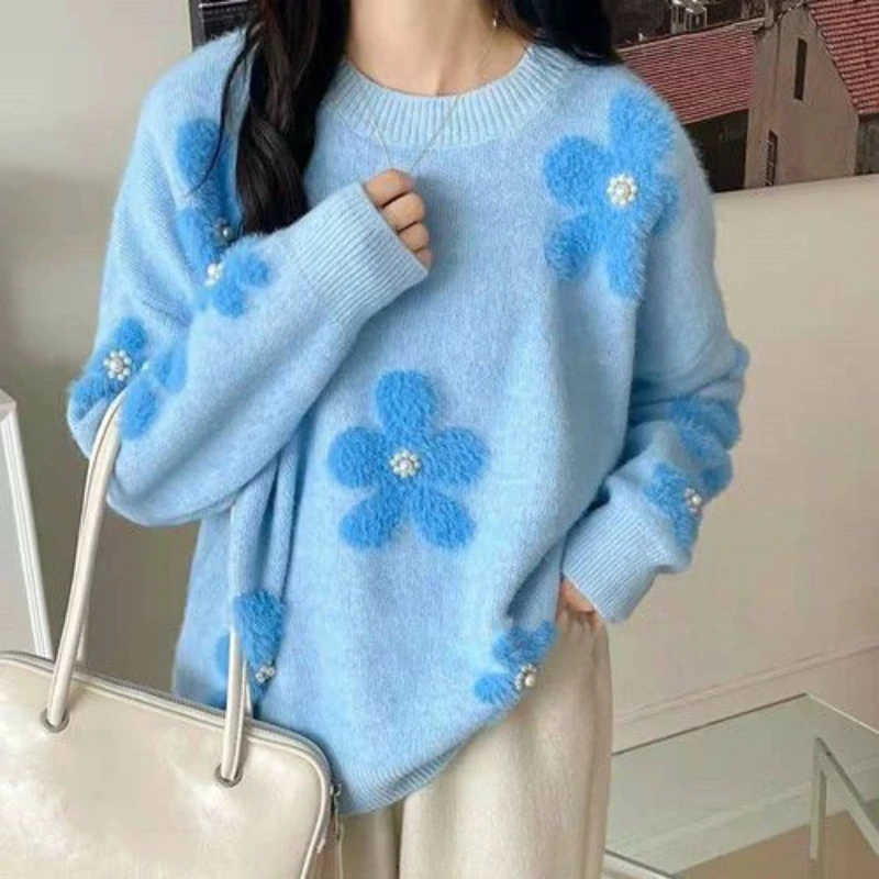 

Sweet Fashion Flower knitwear Women Design O Neck Long Sleeve Pullover Top 2023 Autumn Winter Female Korean Casual Knit Sweater