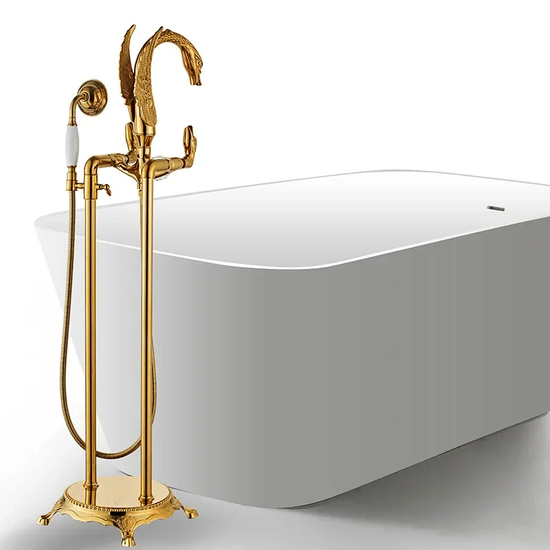 Фото Quyanre Gold Swan напольный смеситель для ванны напольный кран для ванной комнаты черный хром смеситель для ванны и душа смеситель для ванной комнаты №2