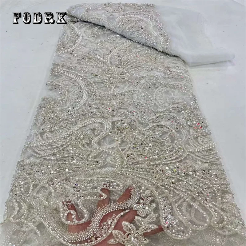 

Hing-End Luxury French Embroidery Bead Tube Lace Fabric African Nigerian With Sequins Fabric For Wedding Dress WS400