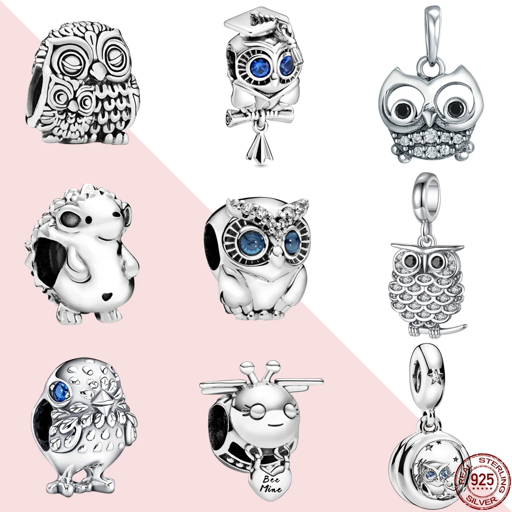 925 Silver Animal Series Blue Eyes Owl Charms Pendant Beads Fit Original Pandora Charms Bracelet Women DIY Jewelry Necklace Gift