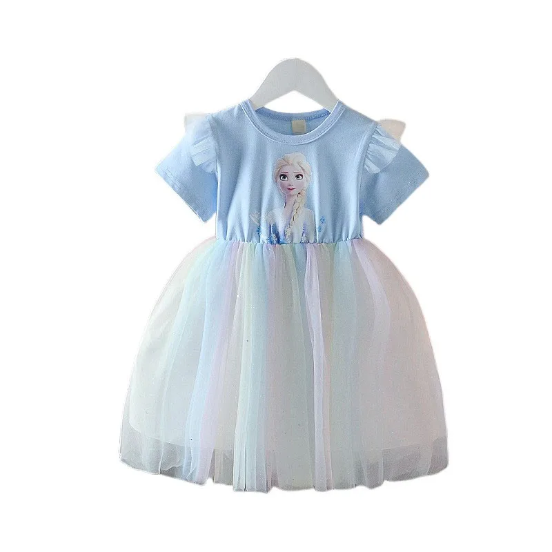 

Summer Girls Elsa Princess Dresses Girl New Cartoon Rainbow Lace Mesh Casual Dress 3-7 Y Cute Kids Fashion Flying Sleeve Skirt