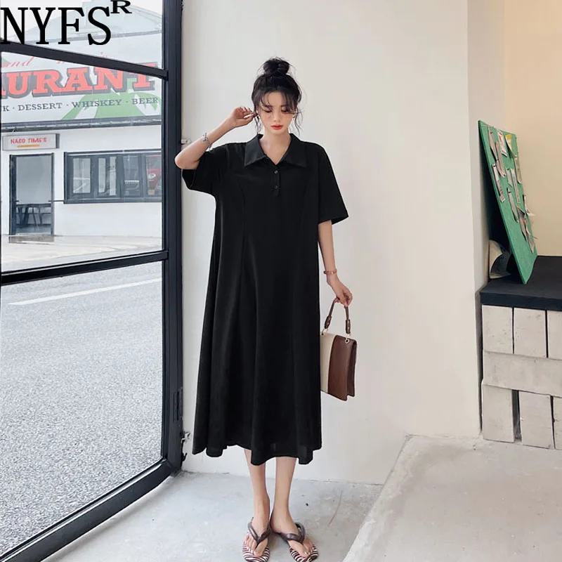 

NYFS 2022 Summer New Korea Woman Dress Vestidos Robe Elbise Loose Plus Size Short Sleeve Polo Collar Solid Long Dresses
