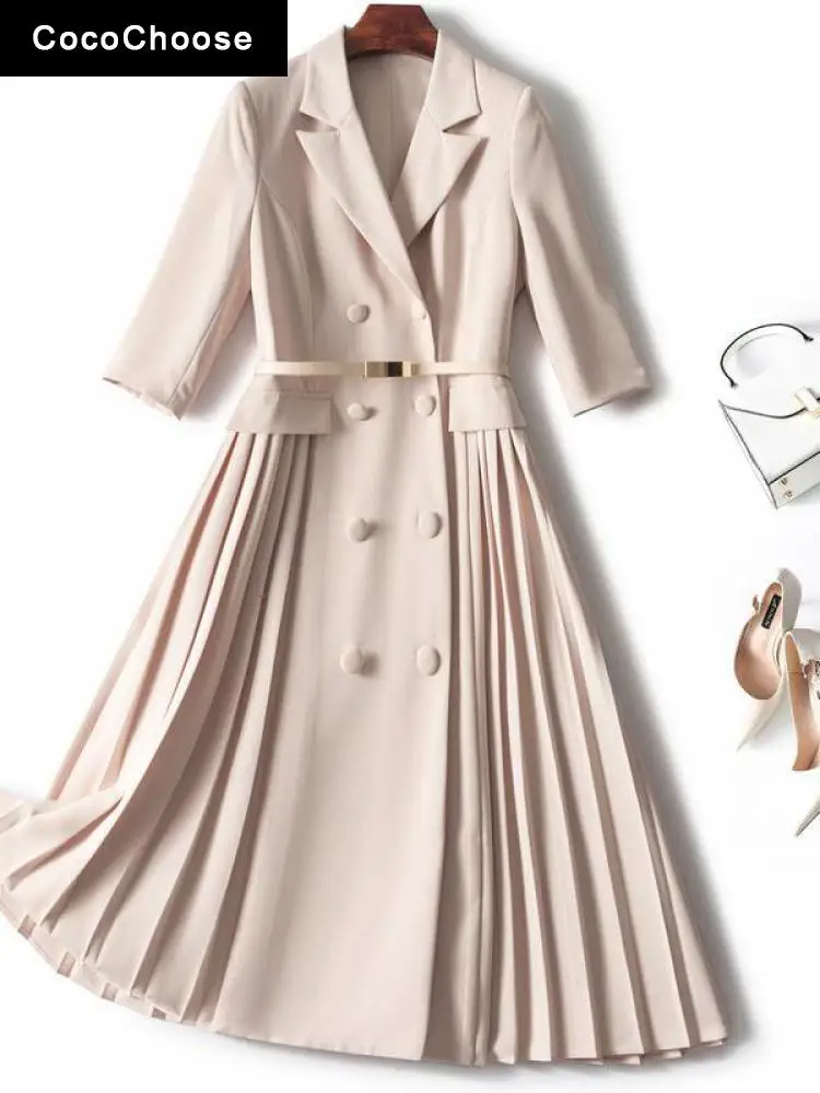 

Женское офисное платье, элегантное дизайнерское однотонное осеннее платье до колен с отложным воротником, двубортное платье 2022