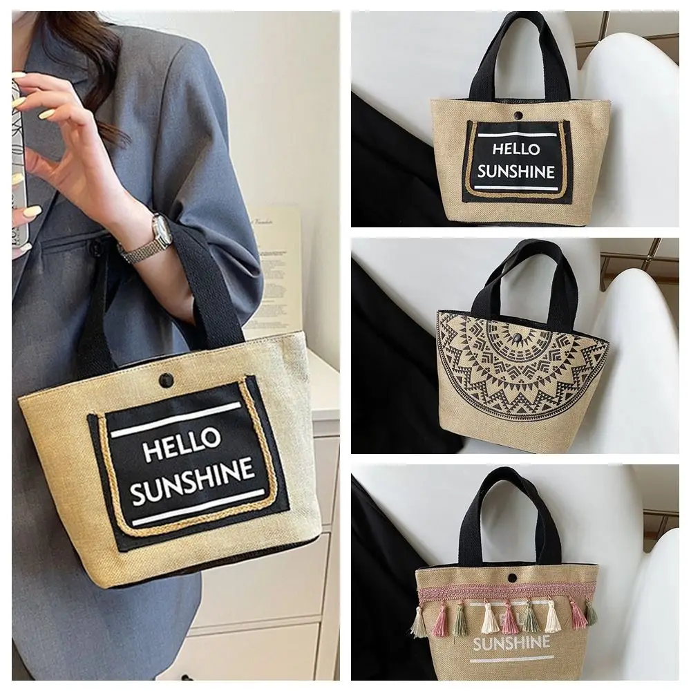 Letter Large Capacity Canvas Tote Bag Simple Tassel Handheld Woven Linen Handbag Japanese Style Makeup Bag Lady