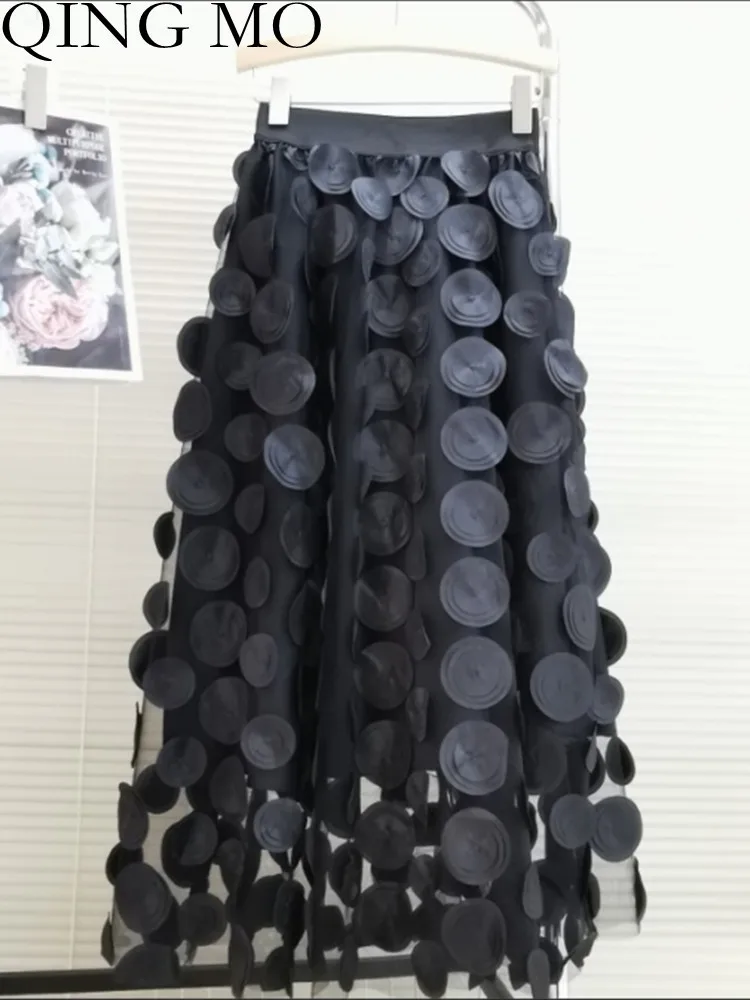 

QING MO Three-dimensional Polka Dot Black White Skirt Women Spring 2023 New Design Feeling Mid-length Umbrella Dress ZXF1666