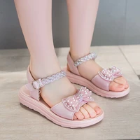 children pink girls sandals for party wedding shows 2022 bow with pearls beautiful summer new open toe kids fashion princess pu