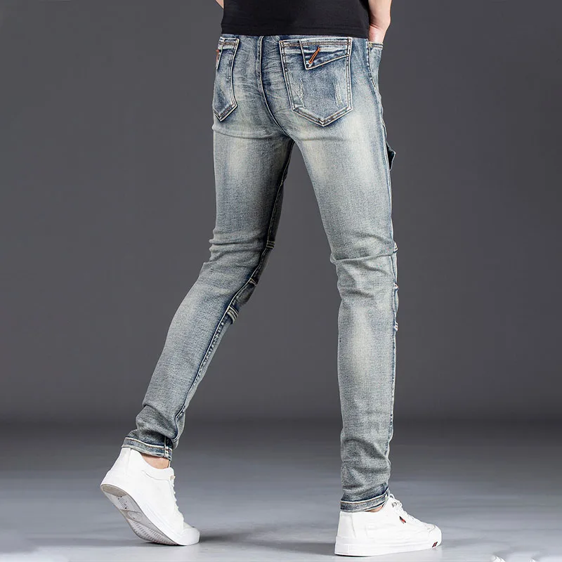 Retro Biker Jeans Men High Street Slim-fit Denim Pants Luxury Men's Clothing Spring/Autumn Streetwear Trousers Trend Men