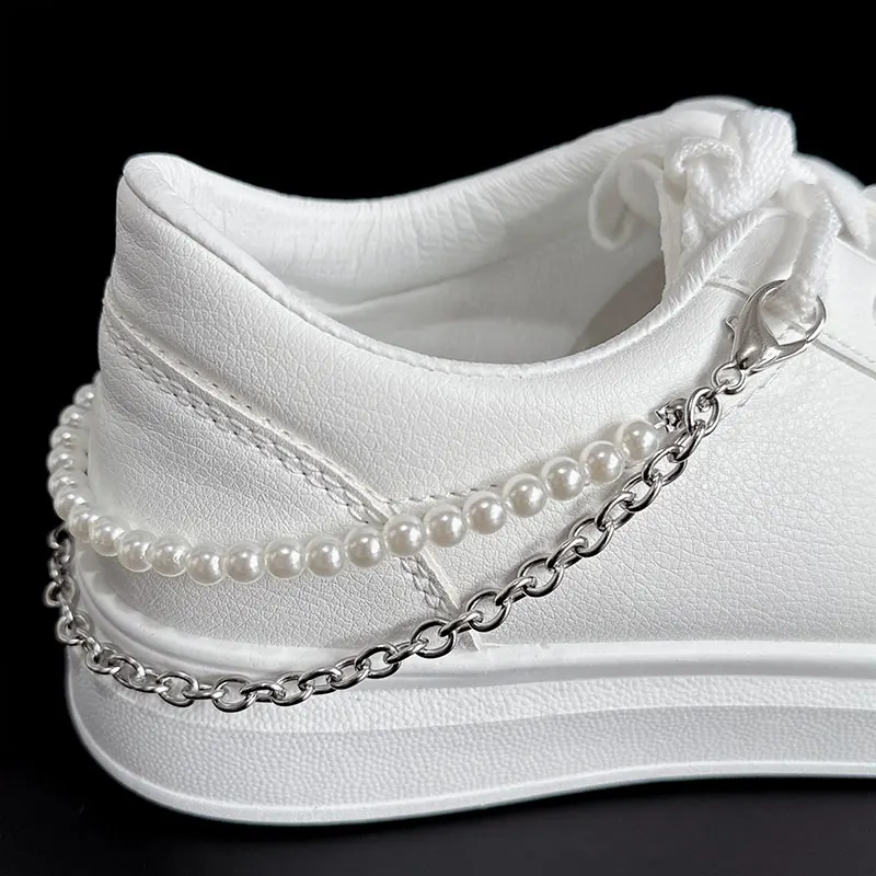 2PCS Stainless Steel Chains Double Layer Heart Charms Shoe Buckles Punk Creative Curb Link Chain Shoes Jewelry Accessories Gifts