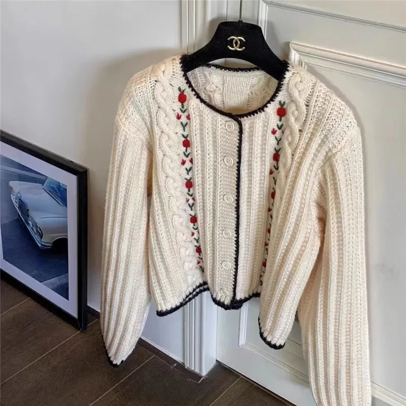 

Vintage Embroidery Cardigan Sweaters Women Loose Sweet Single Breasted Contrast Sweater All Match Fashion Autumn Winter Cardigan