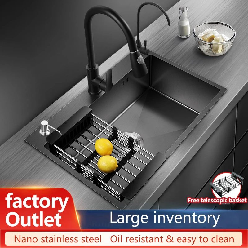304 Stainless Steel Kitchen Sink Black Nano Thicken Hand-Made Vegatable Basin With Faucet Drain Accessories |