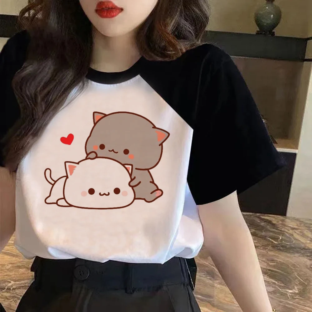 Фото Kawaii персик и Гома мочи кот любовь печать футболка Женщины Y2k одежда мультфильм смешная футболка Harajuku аниме унисекс футболка женская №3