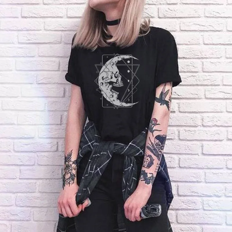 Rose Moth Moon Chic vintage Mujer Camisetas White Top Gothic T Shirts Aesthetics Graphic Short Sleeve t-shirt Polyester T-shirt images - 6
