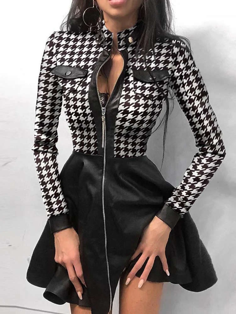 

Lace Mesh Sleeve Panel Women Sexy Dress Autumn Stand Collar Print Zipper Pocket Pu Leather Dress Elegant Slim Women's Dress