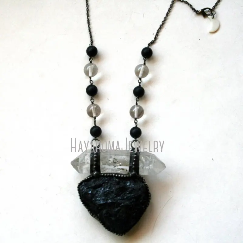 

NM43243 Terminated Quartz And Black Tourmaline Necklace Large Tourmaline Crystal Statement Necklace Halloween