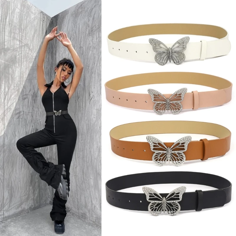 Western Rhinestone Butterfly Buckle Belt Teens Girls Adjustable Waist Belt Strap Nightclub Cowboy Cowgirl Jeans Skirt Waistband