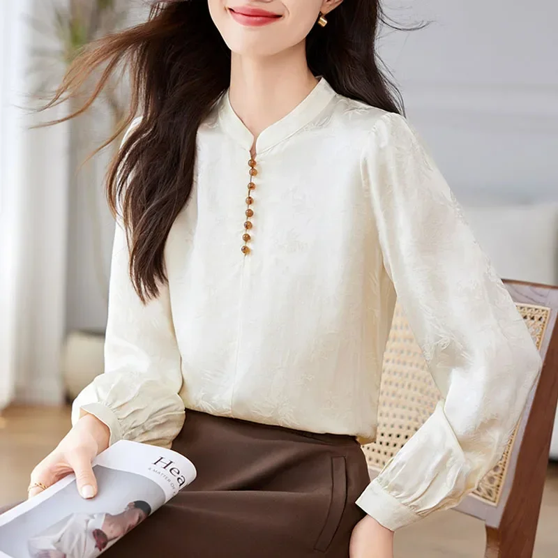 Новая женская блузка с воротником-стойкой однотонная длинным рукавом рубашка