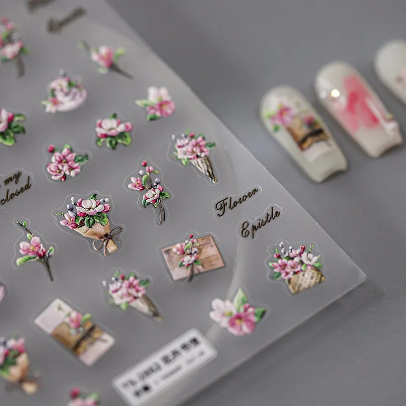 

Acrylic Engraved Nail Sticker Pink Flowers Lover's Letter Image Self-Adhesive Nail Transfer Sliders Wraps Manicures Foils Z0701