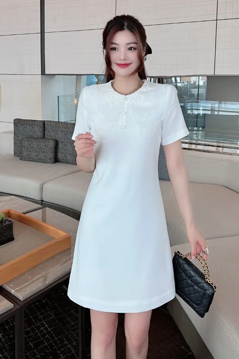 High end French doll neck embroidered dress 2023 summer new line Celebrity white A-line dress 89369