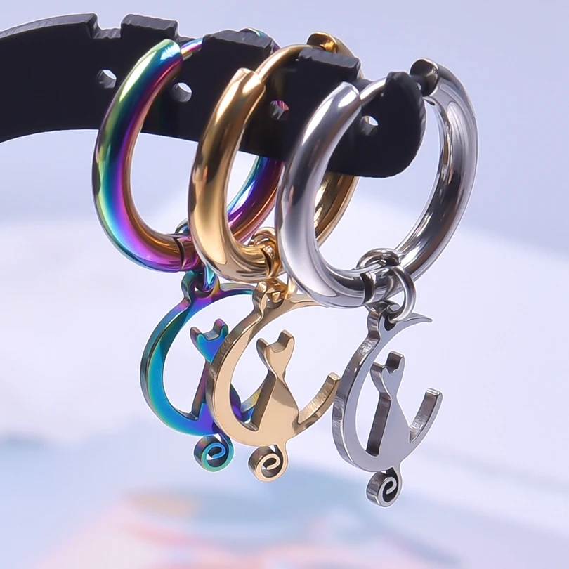 

Fashion Punk Earrings for Women The Cat On Moon Lucky Tassels Dangle Hoop Ear bone Circle Stainless Steel Sexy Girls Jewelry